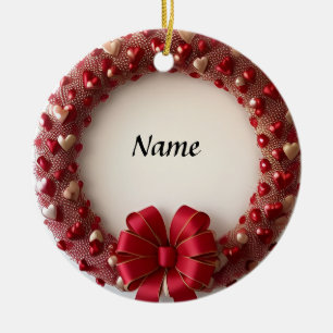 Decorative Heart Wreath with Bright Red Hearts Ceramic Ornament