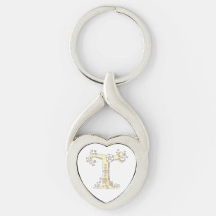 Decorative hearts flowers initial letter T keyring