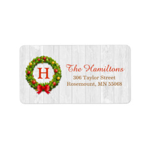 Decorative Holly Christmas Wreath Monogram Holiday Label