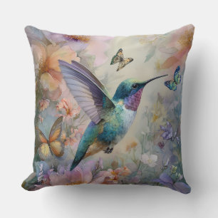Decorative Humming Bird Flowers Throw Pillow