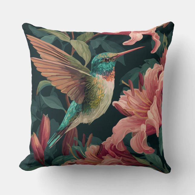Decorative Humming Bird Flowers Throw Pillow (Front)
