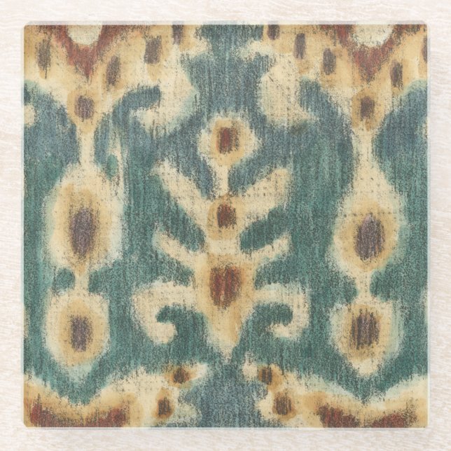 Decorative Ikat Fabric Design by Chariklia Zarris Glass Coaster (Front)
