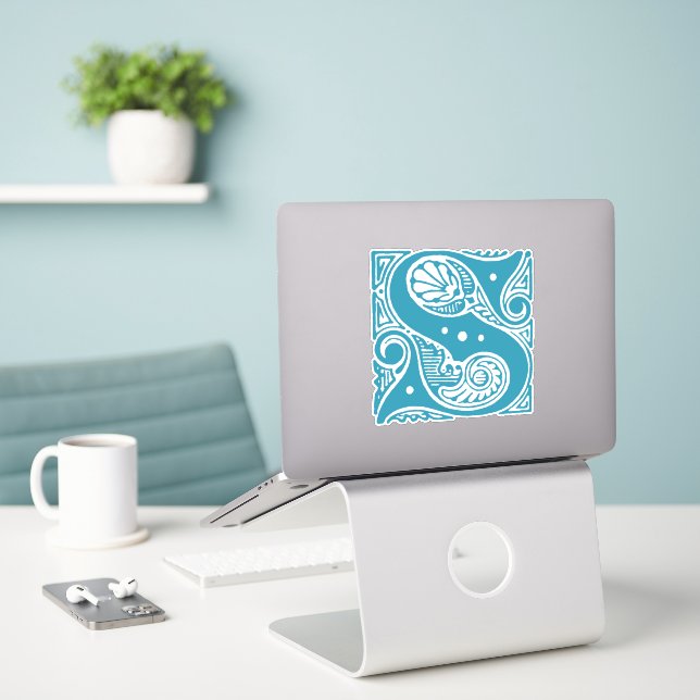 Decorative Initial S Monogram Sticker - Vintage S (Laptop On Desk)