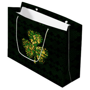 Decorative Irish Shamrock -Clover Gold and Green Large Gift Bag