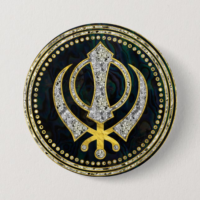 Decorative Khanda symbol with gemstones & gold 7.5 Cm Round Badge (Front)