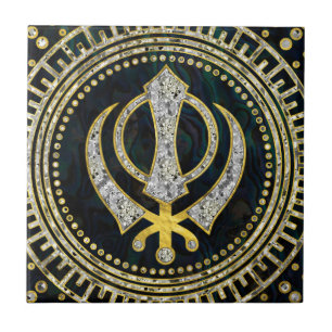 Decorative Khanda symbol with gemstones & gold Tile