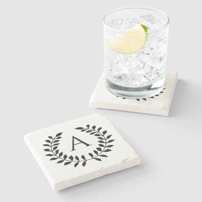 Decorative Laurel Wreath With Custom Monogram Stone Coaster (Side)