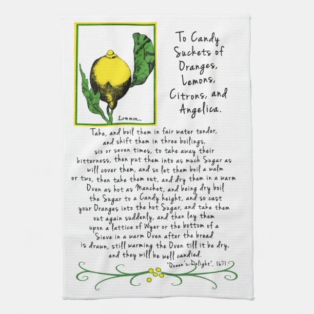 Decorative Lemon Art Tea Towel with Antique Recipe (Vertical)