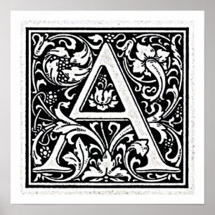 Decorative Letter "A" Woodcut Woodblock Inital Poster