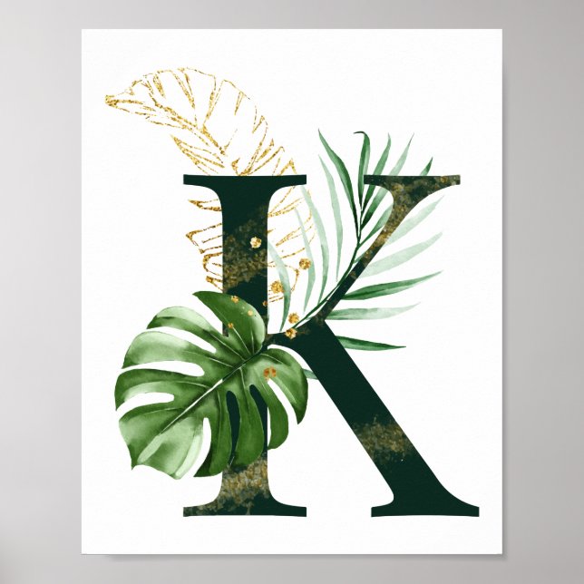 Decorative Letter K with tropical leaves Poster (Front)