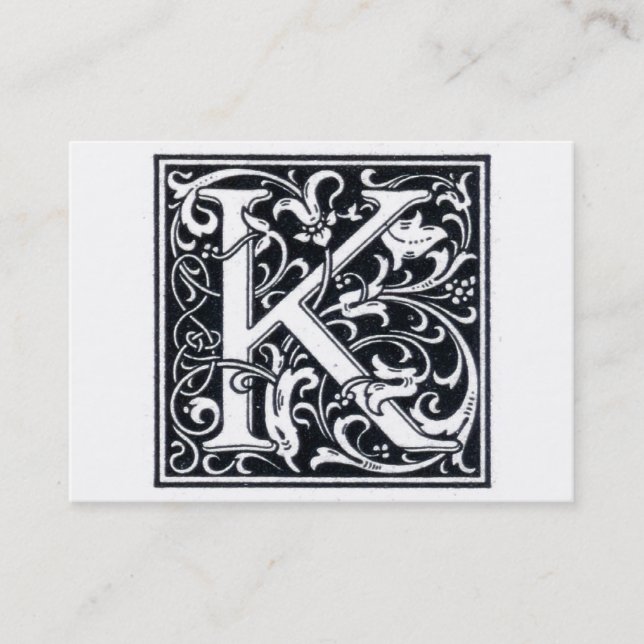 Decorative Letter "K" Woodcut Woodblock Initial Business Card (Front)