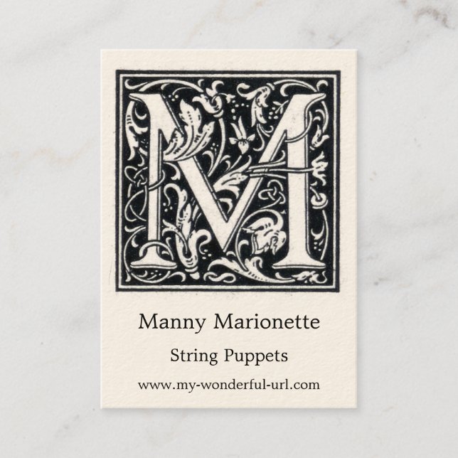 Decorative Letter "M" Woodcut Woodblock Initial Business Card (Front)