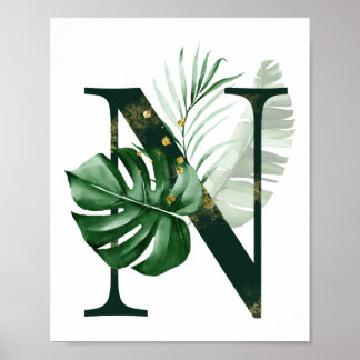Decorative Letter N with tropical leaves Poster