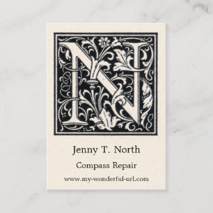 Decorative Letter "N Woodcut Woodblock Initial Business Card