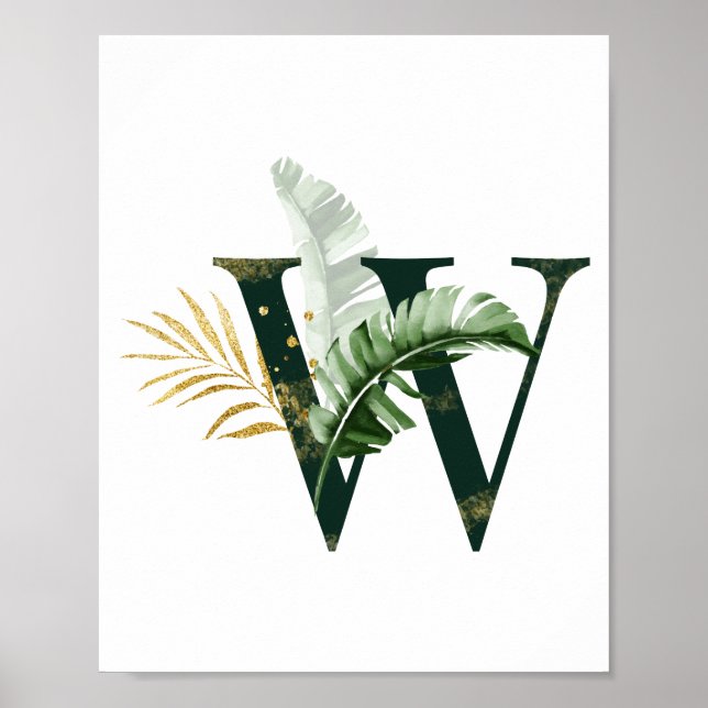 Decorative Letter W with tropical leaves Poster (Front)
