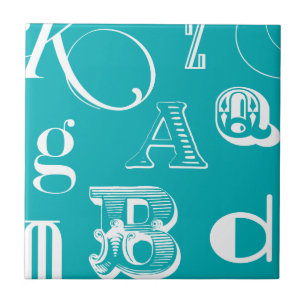Decorative Letters on Blue Background Ceramic Tile