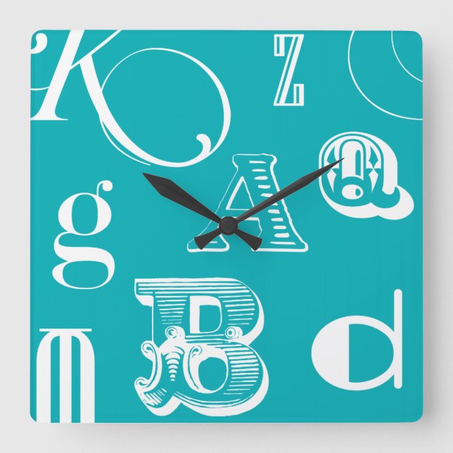 Decorative Letters on Blue Background Square Wall Clock (Front)