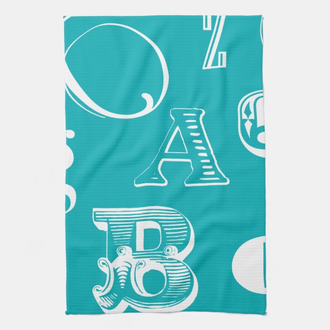 Decorative Letters on Blue Background Tea Towel (Vertical)
