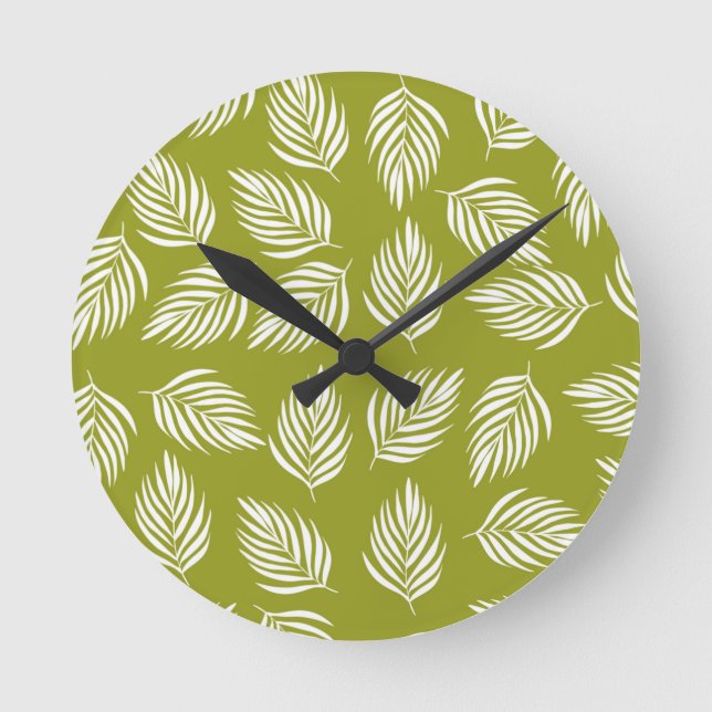 Decorative Lime Green Leaves Pattern Round Clock (Front)