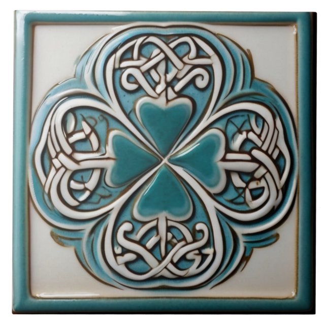 Decorative Lucky Four Leaf Clover Green Celtic Ceramic Tile (Front)