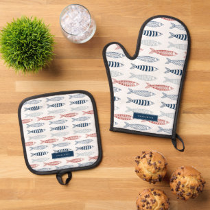 Decorative Mediterranean Sardines Fish Custom Name Oven Mitt & Pot Holder Set