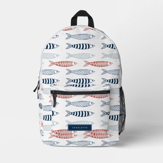 Decorative Mediterranean Sardines Fish Pattern Printed Backpack (Front)