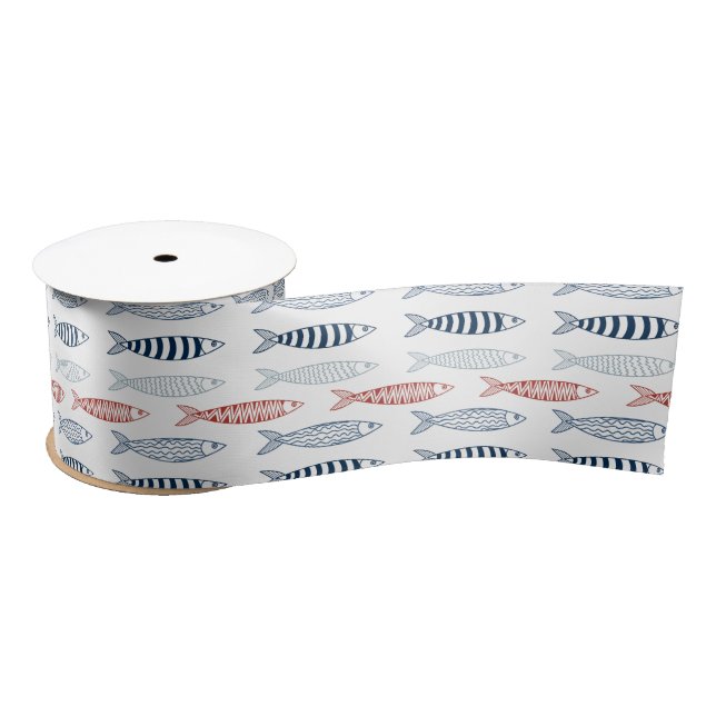 Decorative Mediterranean Sardines Fish Pattern Satin Ribbon (Spool)