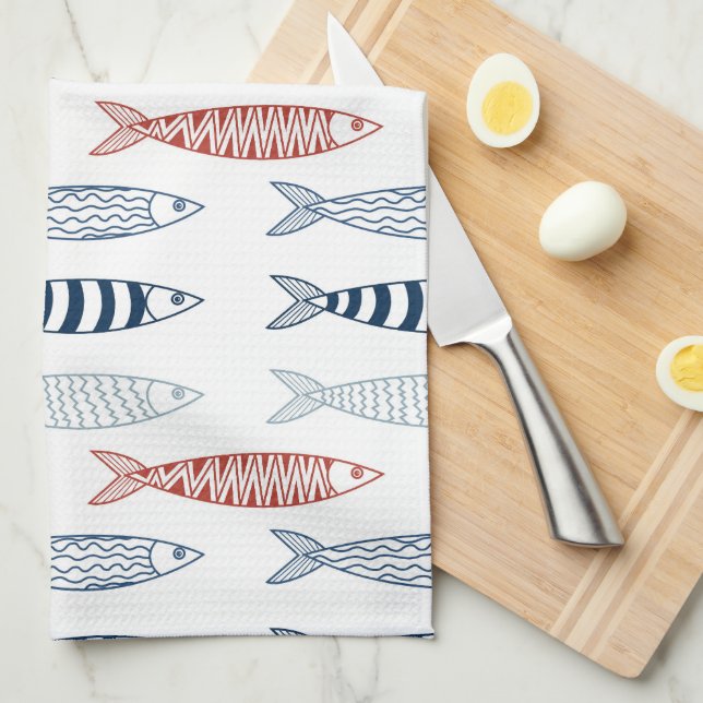 Decorative Mediterranean Sardines Fish Pattern Tea Towel (Quarter Fold)