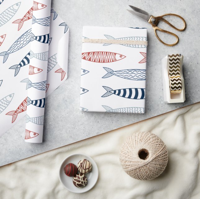 Decorative Mediterranean Sardines Fish Pattern Wrapping Paper (Crafts)