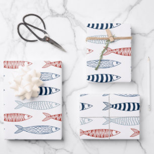 Decorative Mediterranean Sardines Fish Pattern Wrapping Paper Sheet