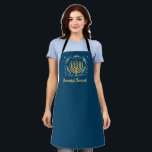 Decorative Menorah Hanukkah Apron<br><div class="desc">Extend the Chanukah celebration to the kitchen this season. This decorative Hanukkah apron features a gold menorah surrounded by leaves,  stars,  and swirls against a rich blue background. Add your own message in bright yellow underneath. Perfect for those eight crazy nights! Available with matching products.</div>