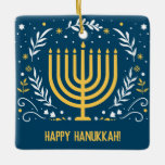 Decorative Menorah Hanukkah Ceramic Ornament<br><div class="desc">Make sure you include Hanukkah while you're celebrating Christmas or add it to your Chanukah decor. This decorative Hanukkah ornament features a gold menorah surrounded by leaves, stars, and swirls against a rich blue background. Add your own message on the reverse or delete it to leave it blank. Great for...</div>