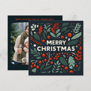 Decorative Merry Christmas holly berries Holiday Card