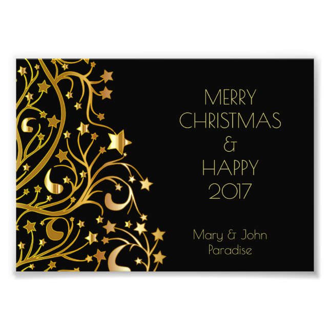 Decorative Merry Christmas Stars Black Gold Starry Photo Print (Front)