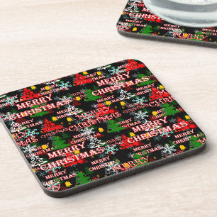 Decorative Merry Christmas Text Pattern Design Coaster