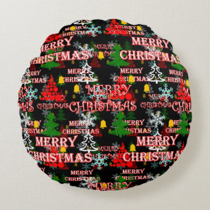 Decorative Merry Christmas Text Pattern Design Round Cushion