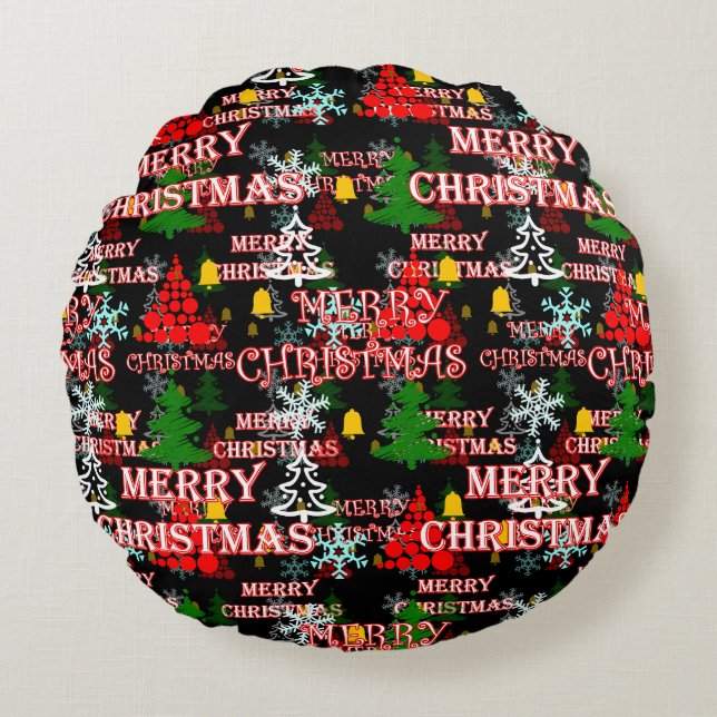 Decorative Merry Christmas Text Pattern Design  Round Cushion (Front)