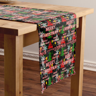 Decorative Merry Christmas Text Pattern Design  Short Table Runner