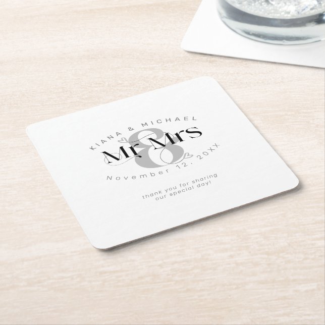 Decorative Modern Wedding Mr & Mrs ID887 Square Paper Coaster (Angled)