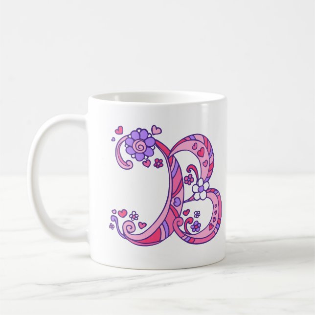 Decorative Monogram B hearts & flowers pink mug (Left)