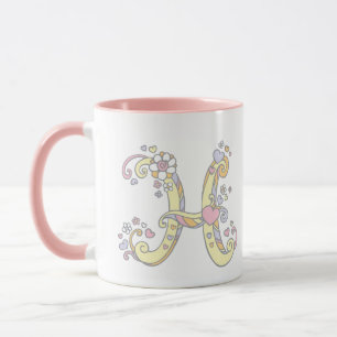 Decorative Monogram H hearts and flowers mug