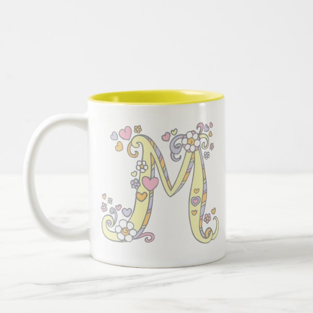 Decorative Monogram M hearts flowers art mug (Left)