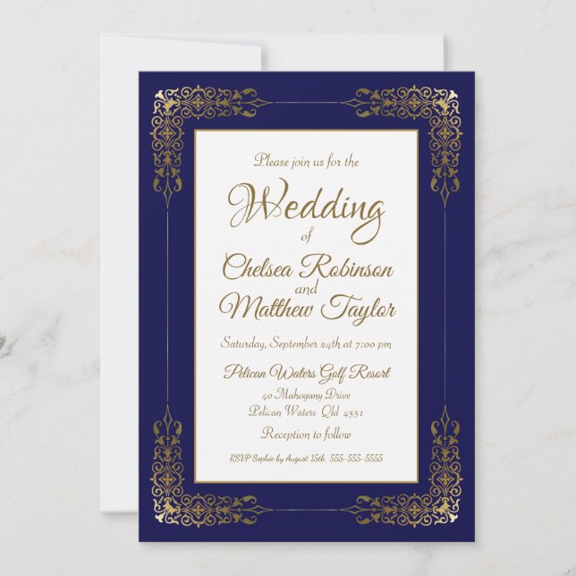 Decorative Navy Blue and Gold Border Wedding Invitation (Front)