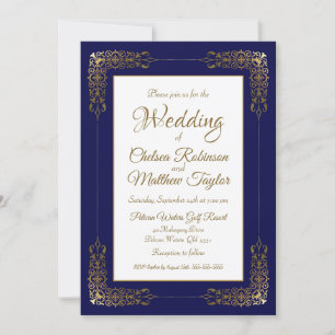 Decorative Navy Blue and Gold Border Wedding Invitation