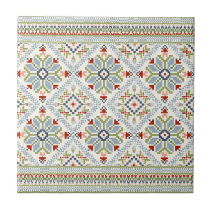Decorative Ocean Blue and Red Floral Mosaic Ceramic Tile