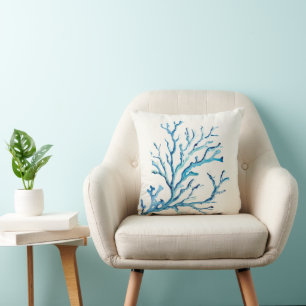 Decorative Ocean Blue Coral Branch Coastal Cushion