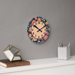 Decorative orange and pink floral round clock