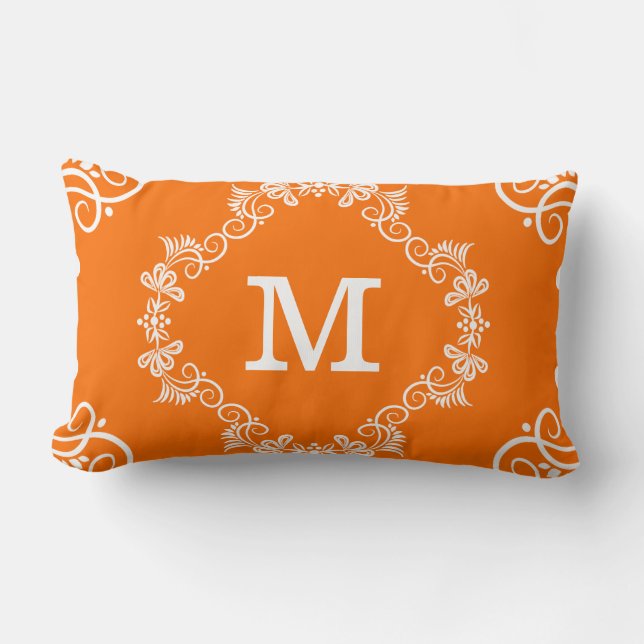 Decorative Orange White Custom Monogram Lumbar Cushion (Front)