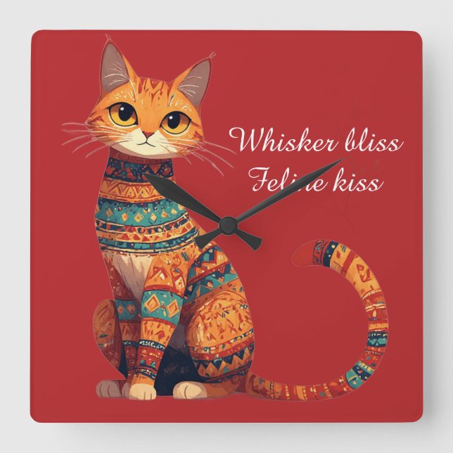 Decorative Ornamental Cat with Flowers Boho Art Square Wall Clock (Front)