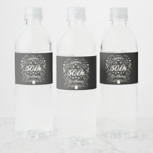 Decorative ornamental Happy 50th Birthday. Water Bottle Label